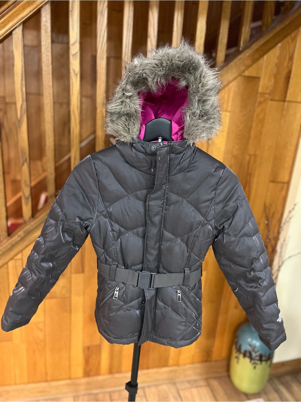 The North Face Girls' Charcoal Puffer Jacket with Pink Lining and Faux Fur Hood